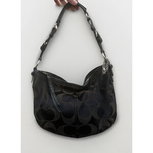 Y2K Coach Black Signature Jacquard Shoulder Bag Leather Strap Hobo Purse